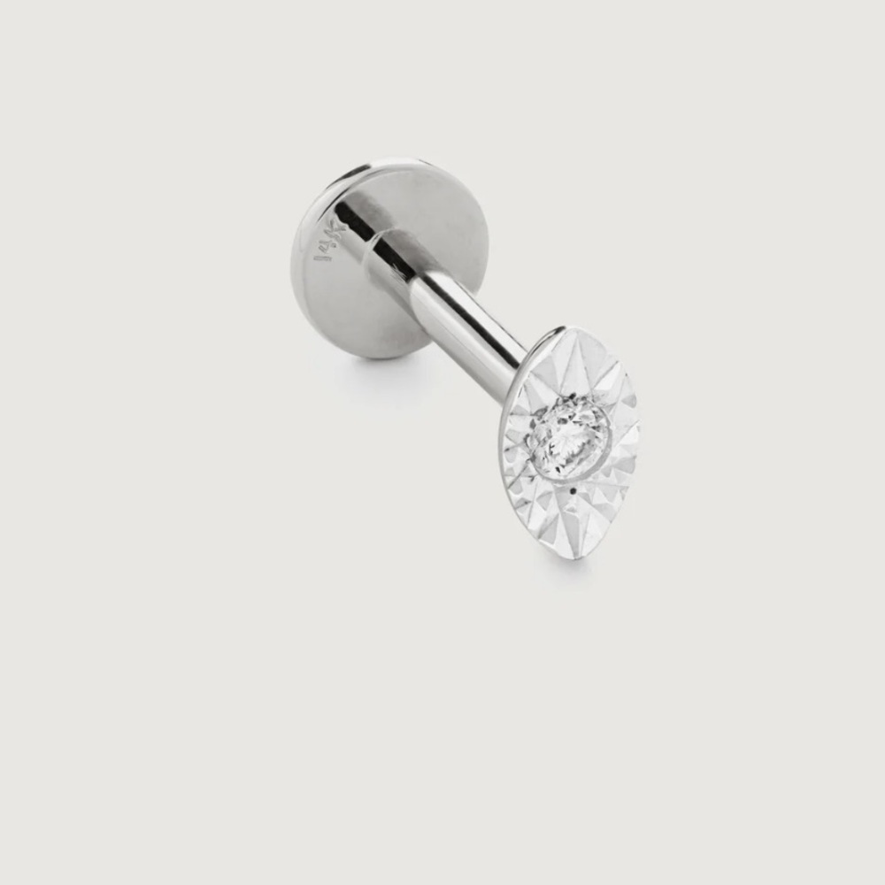 MONICA VINADER Marquise Diamond Flat Back Piercing Stud, White Gold (NIB)